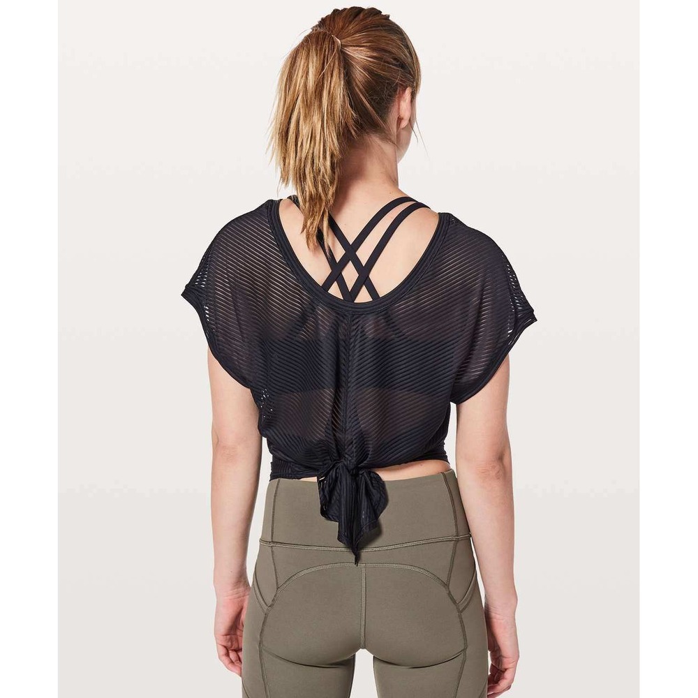 Lululemon Womens Ahead By Miles Short Sleeve Top Approx Size 6 Black Sheer Mesh